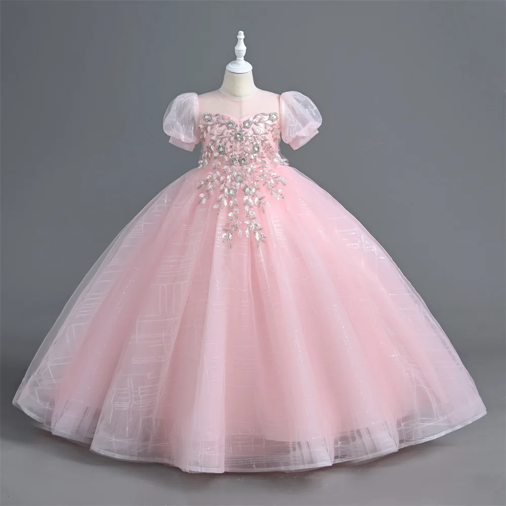 Summer New Girl's Long Sticker Bubble Sleeve Sweet and Cute Long Mesh Fluffy Dress Wedding Flower Girl Dress