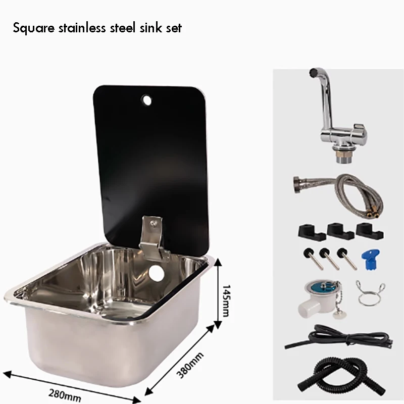 RV Sink With Faucet for Caravan Round & Square Stainless Steel Hand Wash Basin Sink with Tempered Glass Lid Camper Accessories