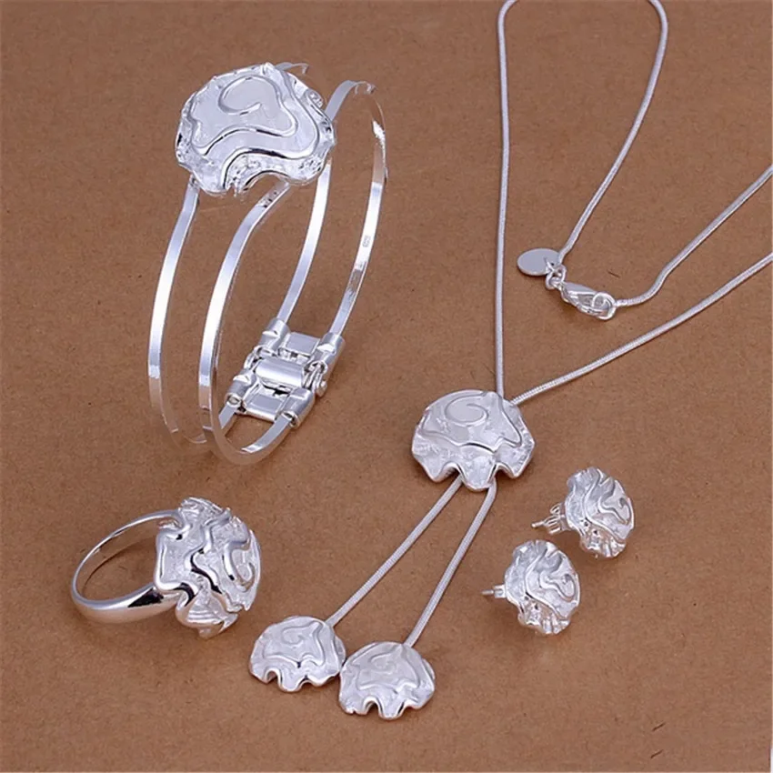 

925 Sterling Silver Charms Rose Flower Bangle Rings Bracelet Necklace Earring Stud for Women Jewelry Set Fashion Party Wedding