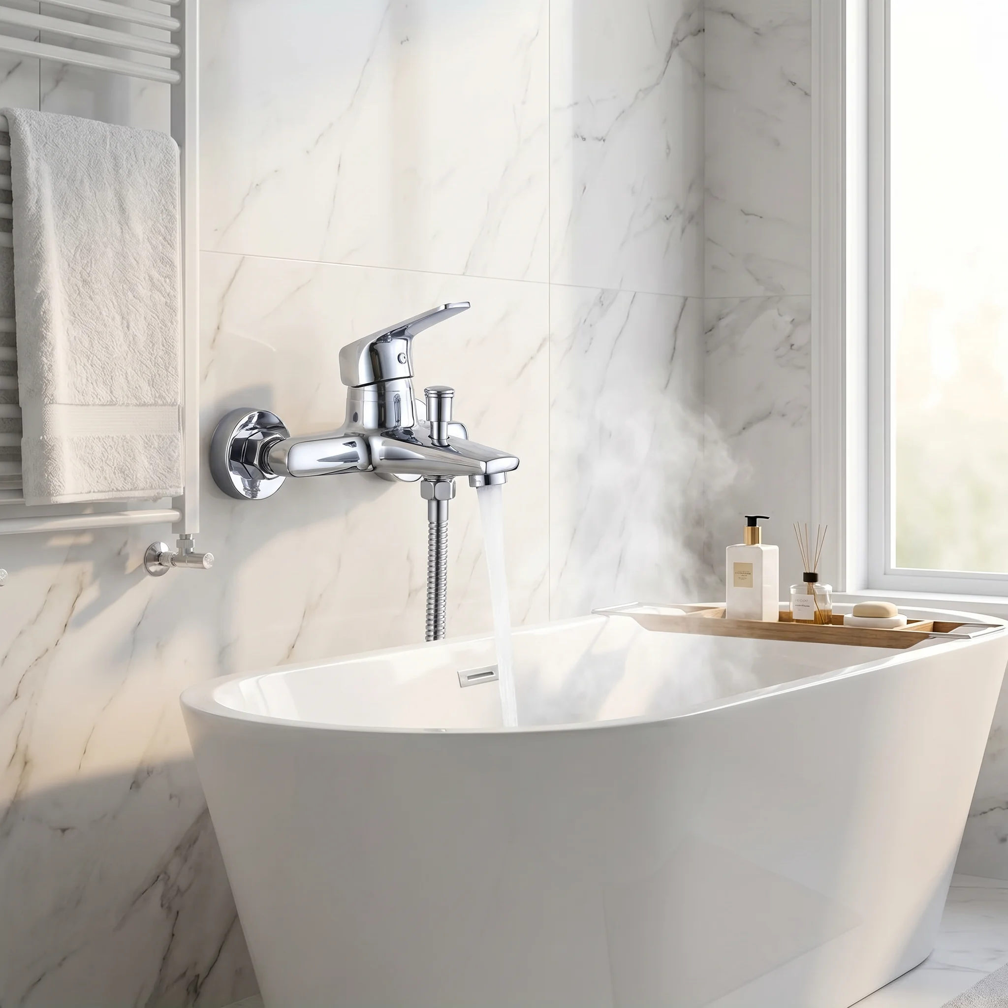 Bathtub Shower Faucet, Wall-Mounted Hot Cold Mixer Tap, Zinc Alloy Body, ABS Single Handle, Diverter and Tub Spout for Bathroom