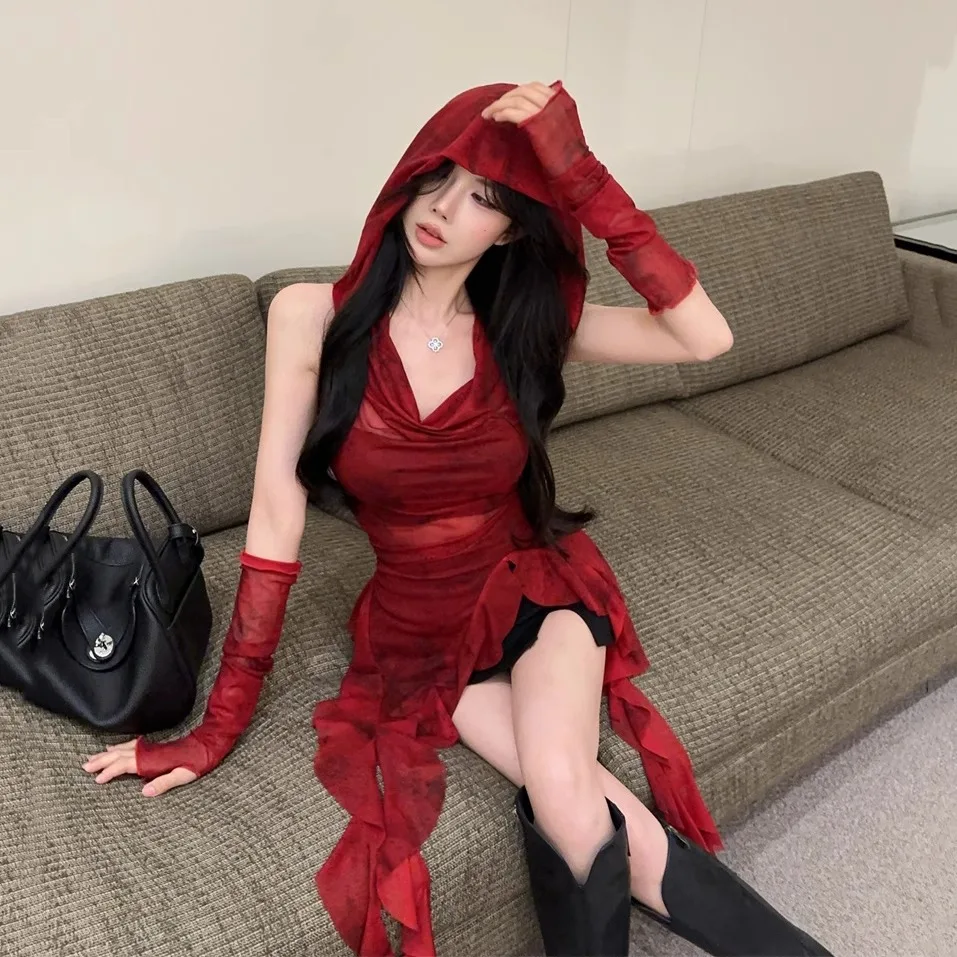Women's Sexy Red Mesh See Through Top Hooded Tee Irregular Ruffle Extra Long Sleeve Top Y2K Irregular with Sleeve Covered Top