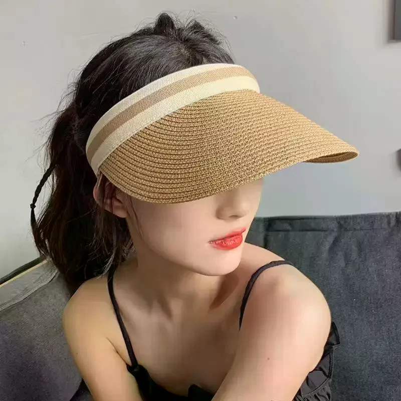 New Summer Raffia Straw Sun Protection Hat Open Top Straw Hat Striped Versatile UV Protection Women's Casual Baseball Cap