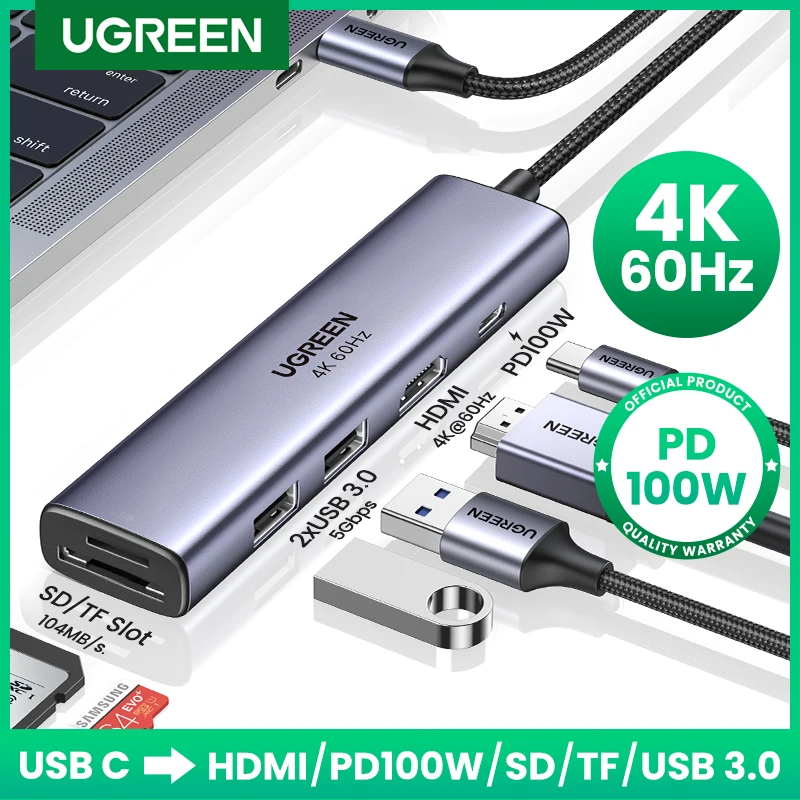 UGREEN USB-C HUB to 4K60Hz HDMI PD100W SD&TF Card Reader USB3.0 5Gbps Splitter for MacBook Laptop Accessories Docking Station