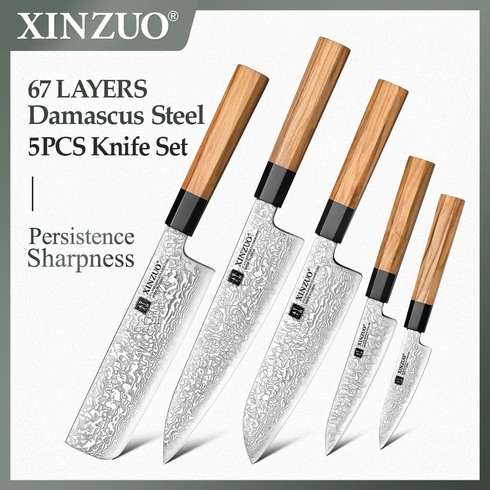 

XINZUO Original Design 5 Piece Set Kitchen Knife Olive Wood Handle Damascus Steel Nakiri Chef Santoku Utility Paring Knife