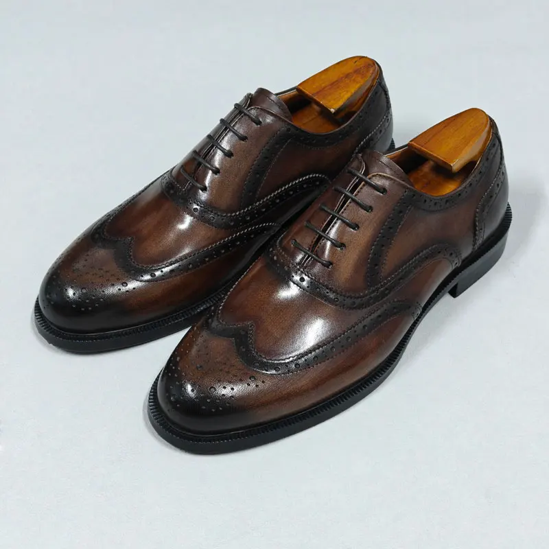 Luxury Handmade Genuine Leather Lace-Up Oxfords for Men-Wedding Career Formal Shoes Anti-Slip Rubber Outsole Hand-Painted Design