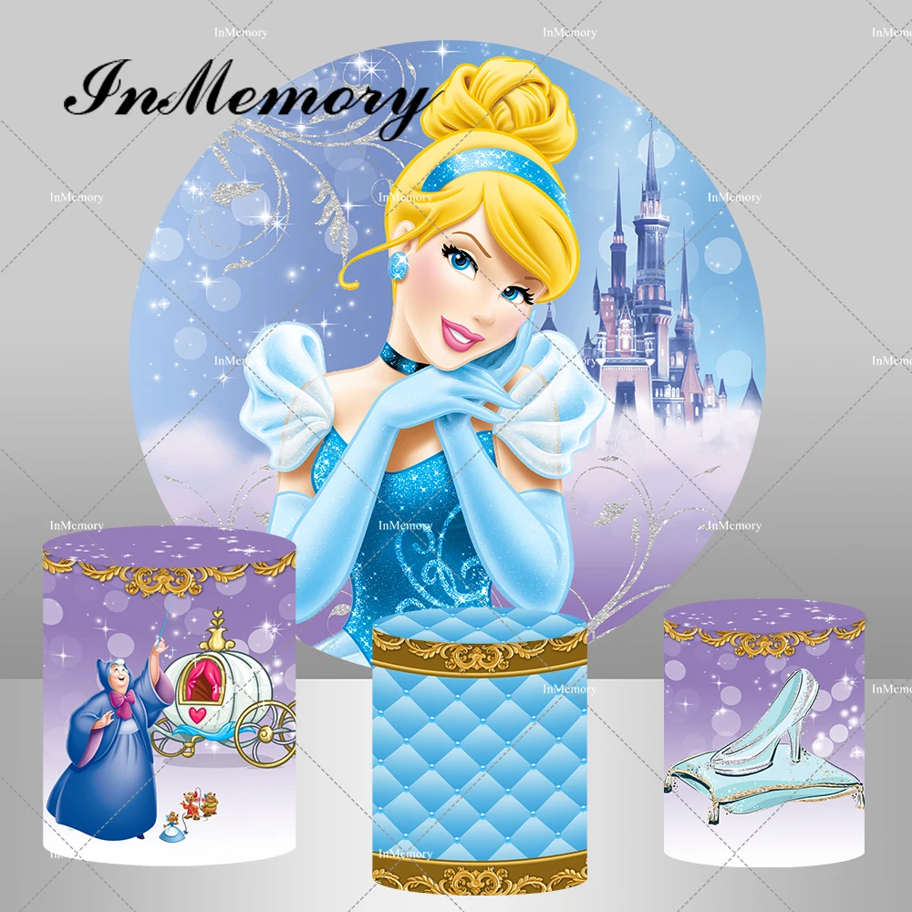 

Bokeh Castle Princess Cinderella Circle Round Backdrop for Girls Baby Shower Birthday Party Decor Glass Shoes Plinth Covers