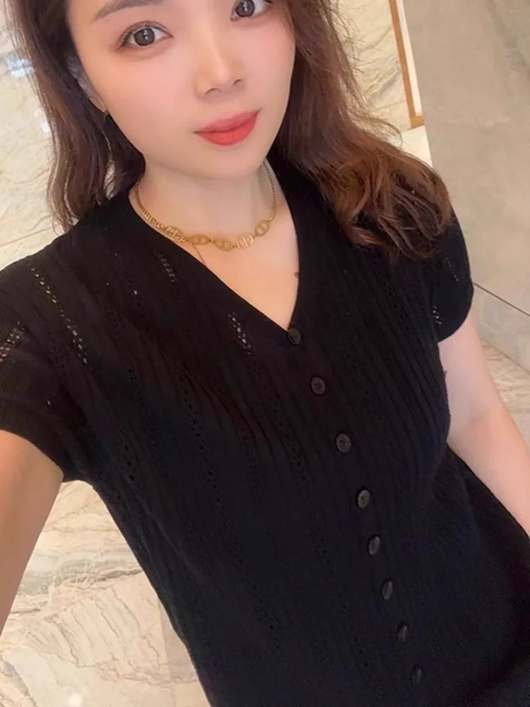 

Korean Sle Pure Color V-Ne Faion Top Ice Silk Knitted Open Cardigan Slim ort Sve Hollow out High-End Casual Women