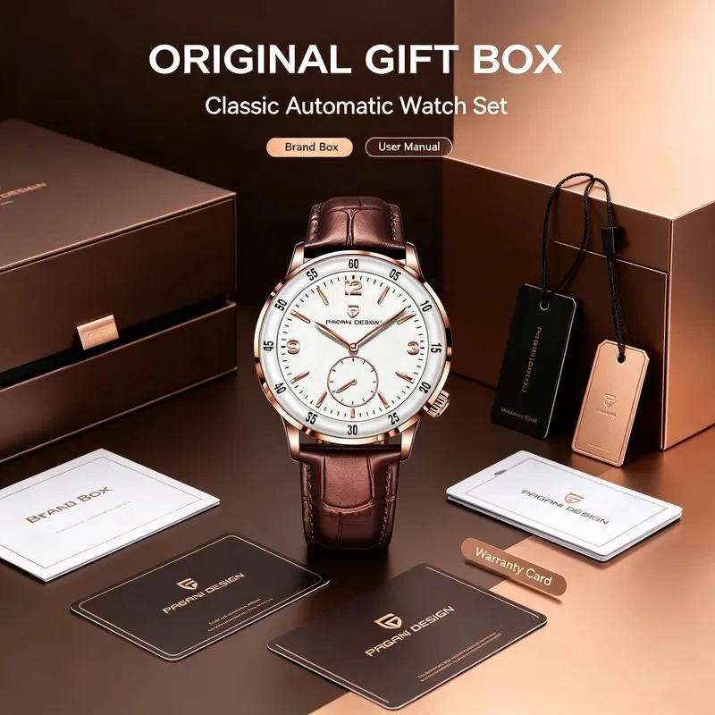 PAGANI DESIGN 1790 Classic Automatic Mechanical Watch for Men, 316L Steel, Sapphire Crystal, Butterfly Buckle Leather Strap, Bus