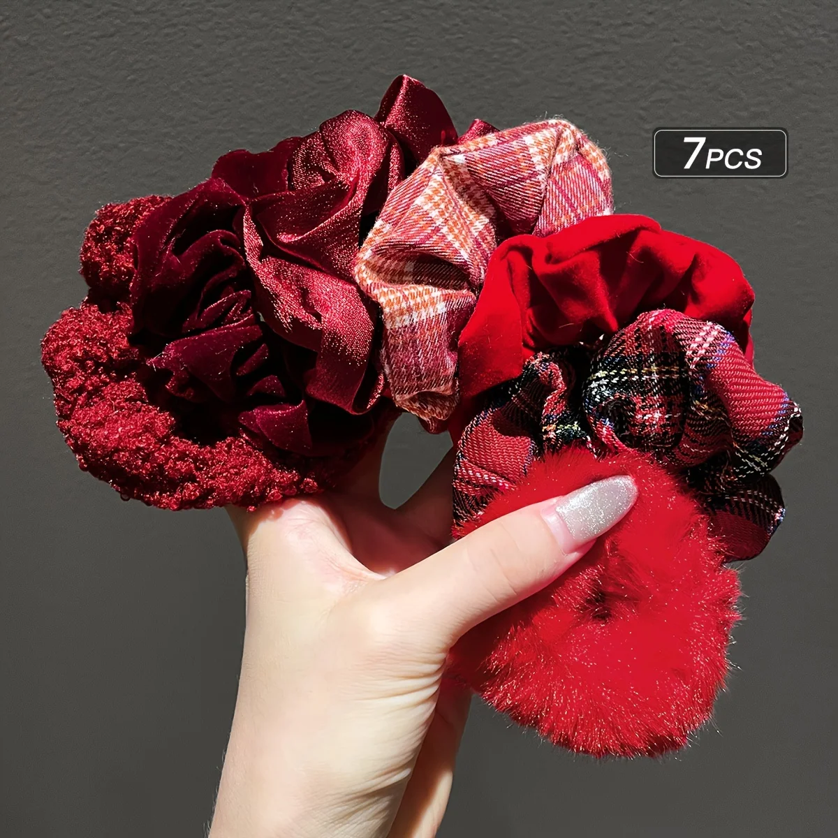 7Pcs Women\'s Autumn and Winter Burgundy Stuffed Large Intestine Hair Tie Festive and Fashionable Ponytail Headband Hair Accessor