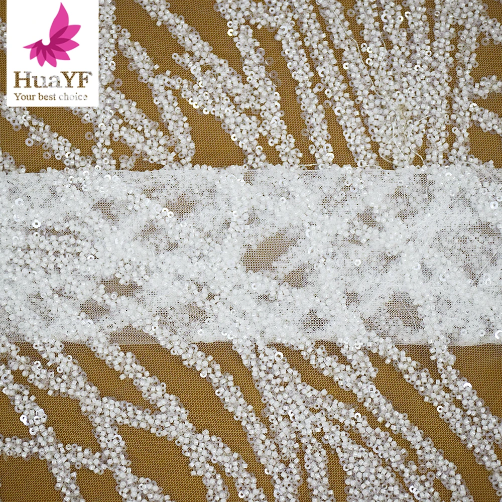 

1 Yard High Quality White Beaded Bridal Lace With Sequins For Women Wedding Dress Fabric HY2392-2