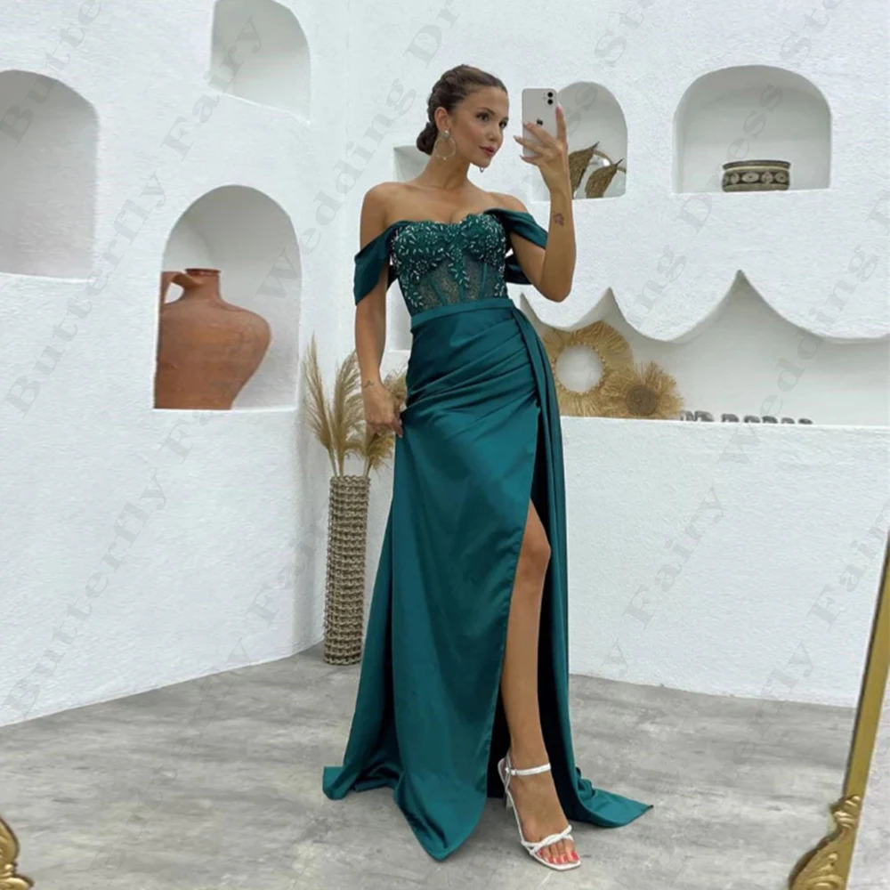 

Gorgeous Satin Evening Dresses For Women Beautiful Sexy Backless Fashion Off Shoulder High Split Simple Mopping New Prom Gowns