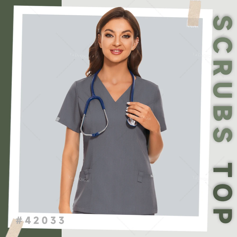 

Nurse Uniform Solid Color Tops Scrubs Short Sleeve Pockets Blouse Medical Nurses Uniforms Shirts Nursing Clothes