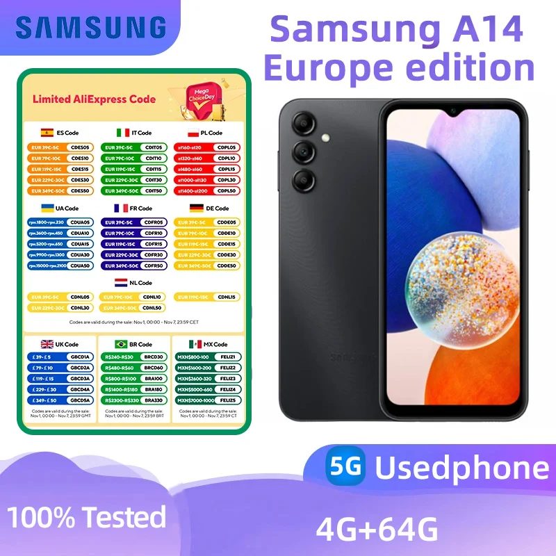 Samsung Galaxy A14 5g Europe Smartphone Exynos 1330 6.6-inches Screen 4RAM 64GB Android Original Used Phone