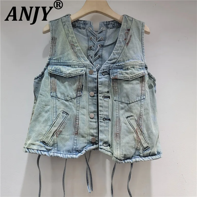 

ANJY 2026 Early Spring New Women European Unique Design Sleeveless V-Neck Tie Vest Single-Breasted Distressed Chic Street A16971