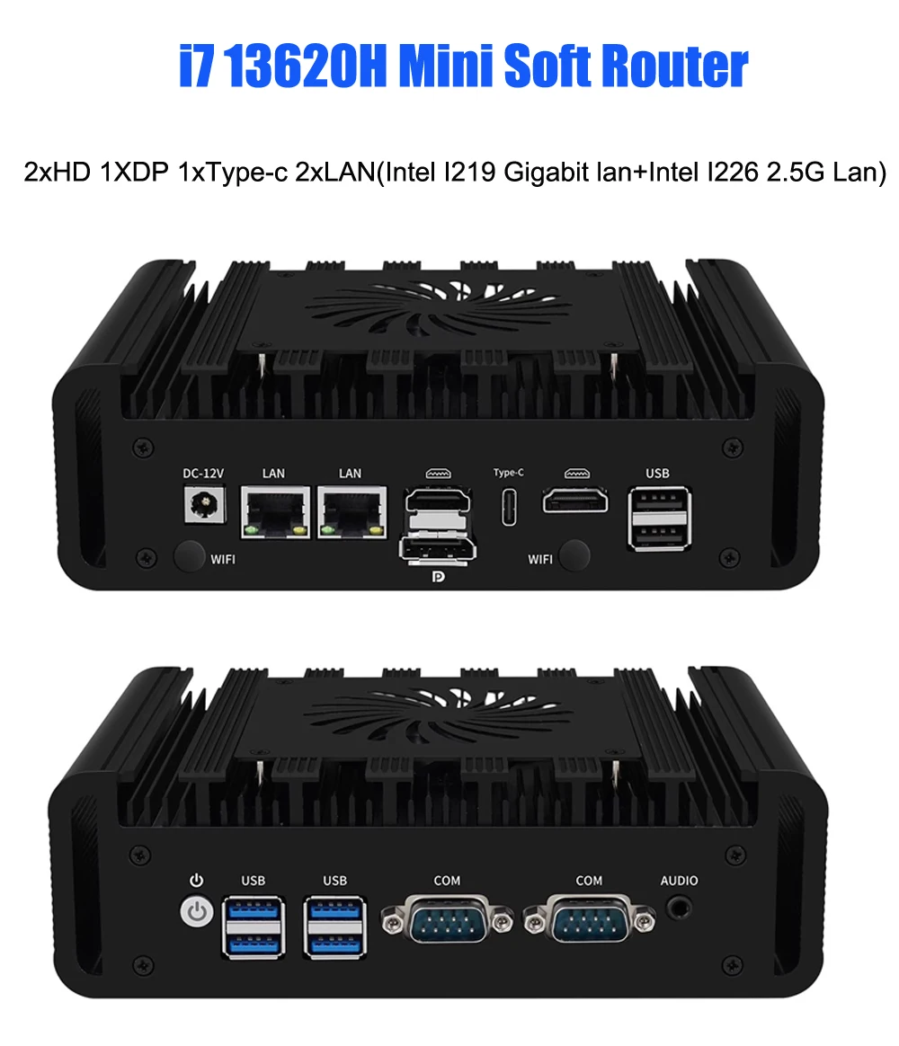 Quad display Intel i7 13620H Mini Soft Router 10Core 2xLan Intel I219G i226V 2.5G 2*COM Win11 Industrial Fanless Computer