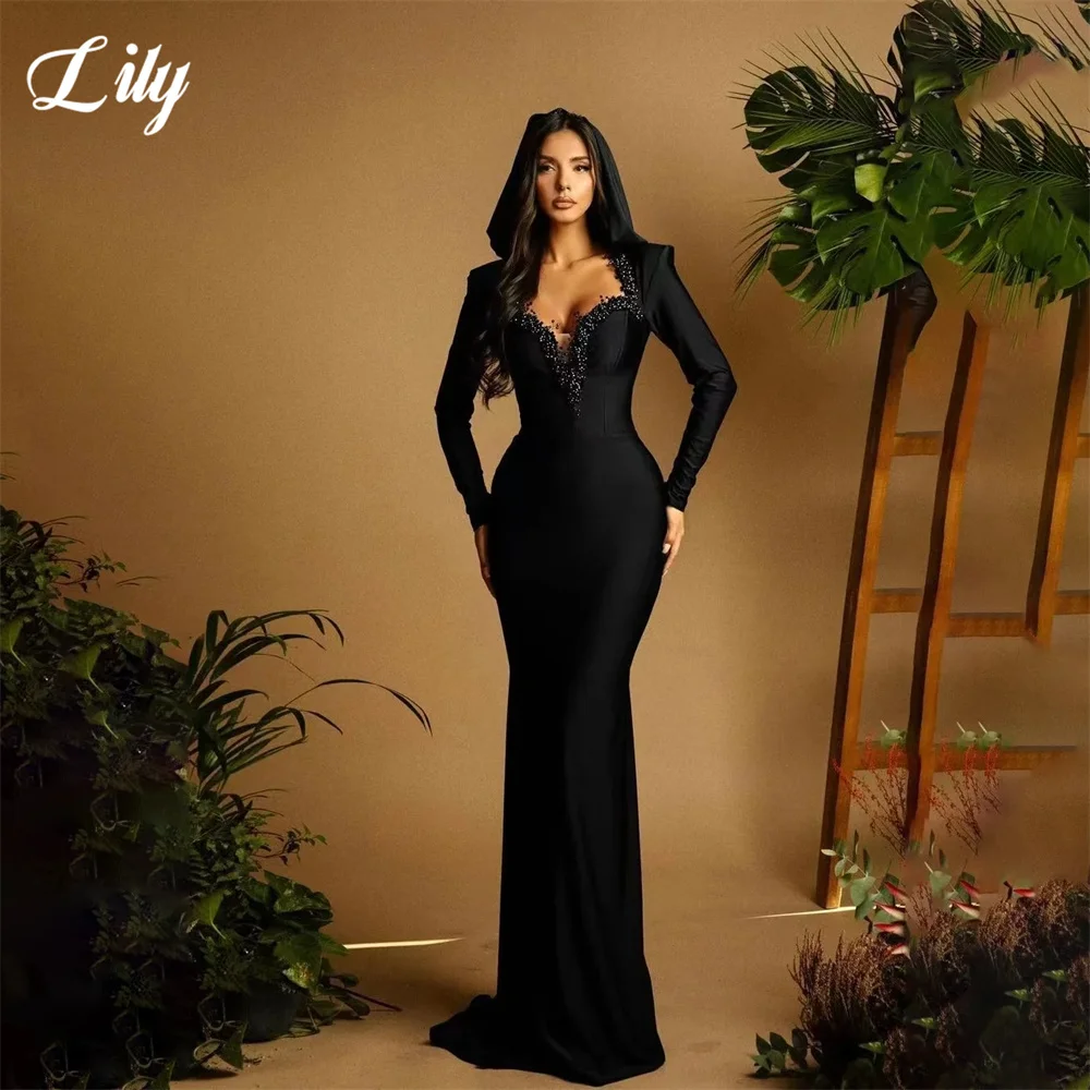 Lily Black Evening Dress Off the Shoulder Party Dresses Full Sleeve vestidos de fiesta Beading On Chest Prom Gowns Customized
