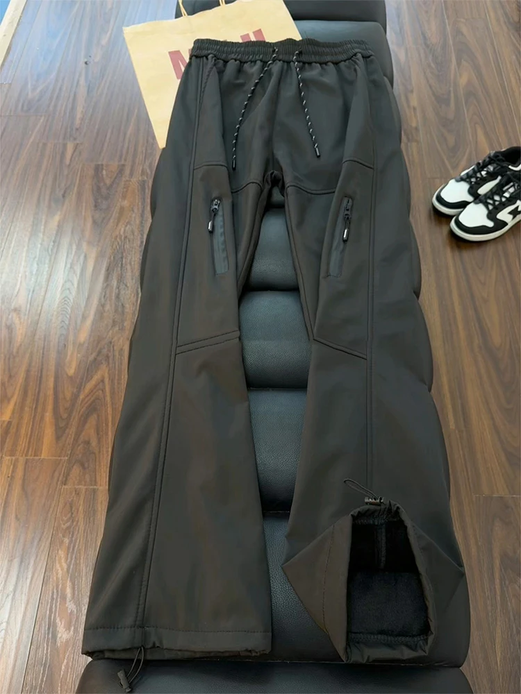 

Men's Fleece Lined Soft Trousers Outdoor Winter Cold Proof Workwear Skiing Hiking Pants Black Windproof Warm Casual Pants