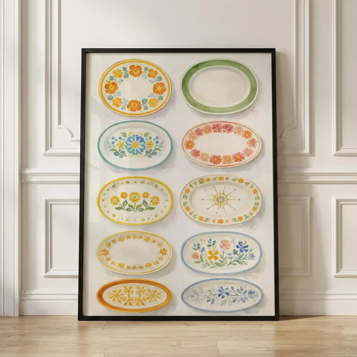 Charming Vintage Platter Watercolor Wall Art - Serene Print Celebrating Retro Tableware. The Soft Watercolor Style and Vibran