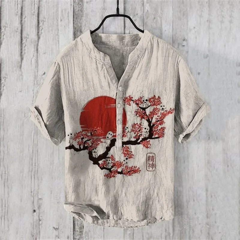 Camisa masculina de gola com gola de gola em linho estilo chinês, casual, manga curta, tops de verão, S-5XL, nova, 2024