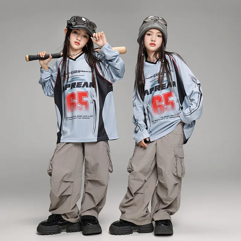 

Kid Hip Hop Clothing Blue V Neck Letters Long Sleeve T Shirt Gray Casual Pocket Cargo Pants for Girl Boy Dance Costume Clothes
