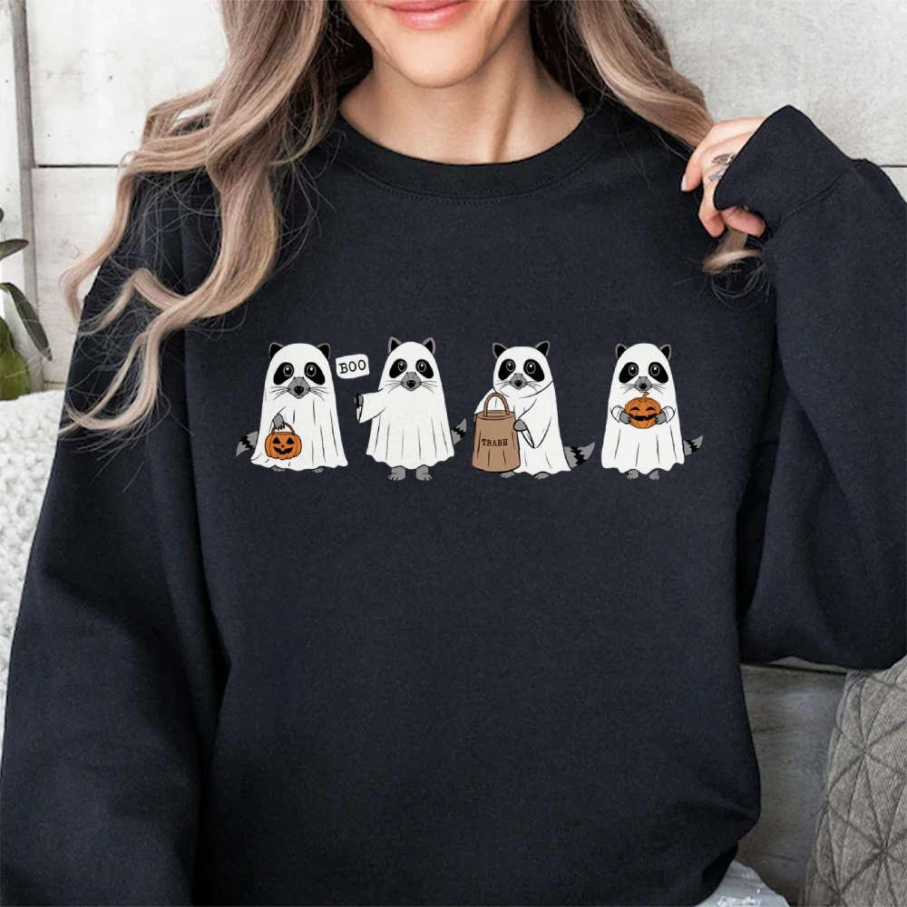 Ghost Raccoon Women's Halloween Sweatshirt Retro Cute Raccoon Pumpkin Spooky Season Long Sleeve Top Girly Halloween Gift