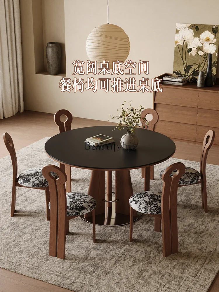 

yj5 Nordic Solid Wood Rock Slab Dining Table for Home Use, Small Apartment Wabi-Sabi Style, Vintage Round Dining Table