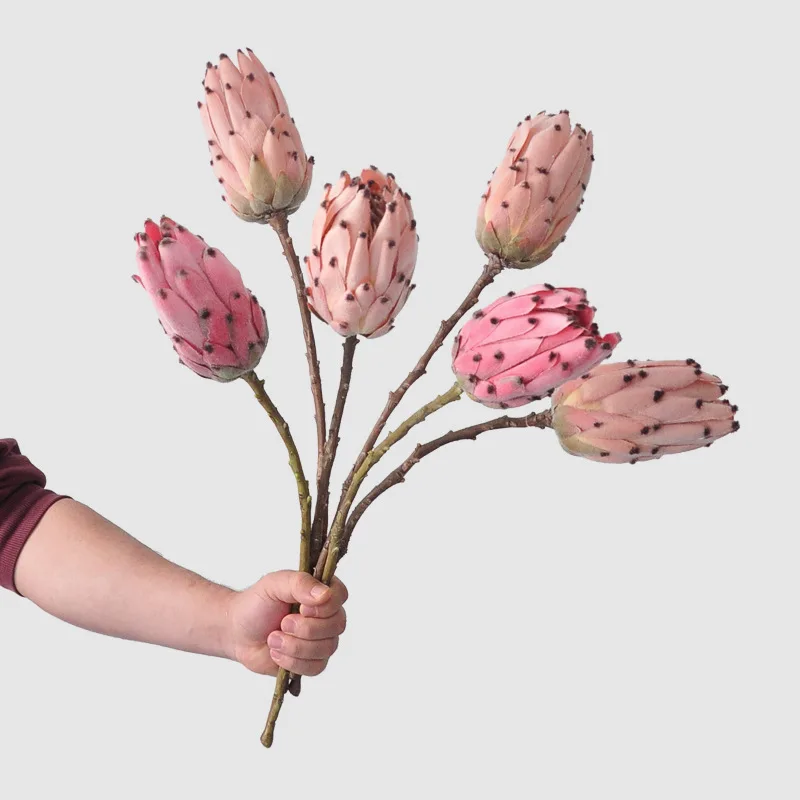 4Pcs Artificial Flower Flocking King Protea Home Dining Table Decoration Fake F…