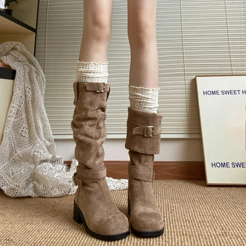 Frauen Stiefel Plattform Western Cowboy Stiefel Herbst Winter Vintage Lange Stiefel Starke Ferse Mid-kalb Stiefel Slip auf Outdoor frauen Schuhe