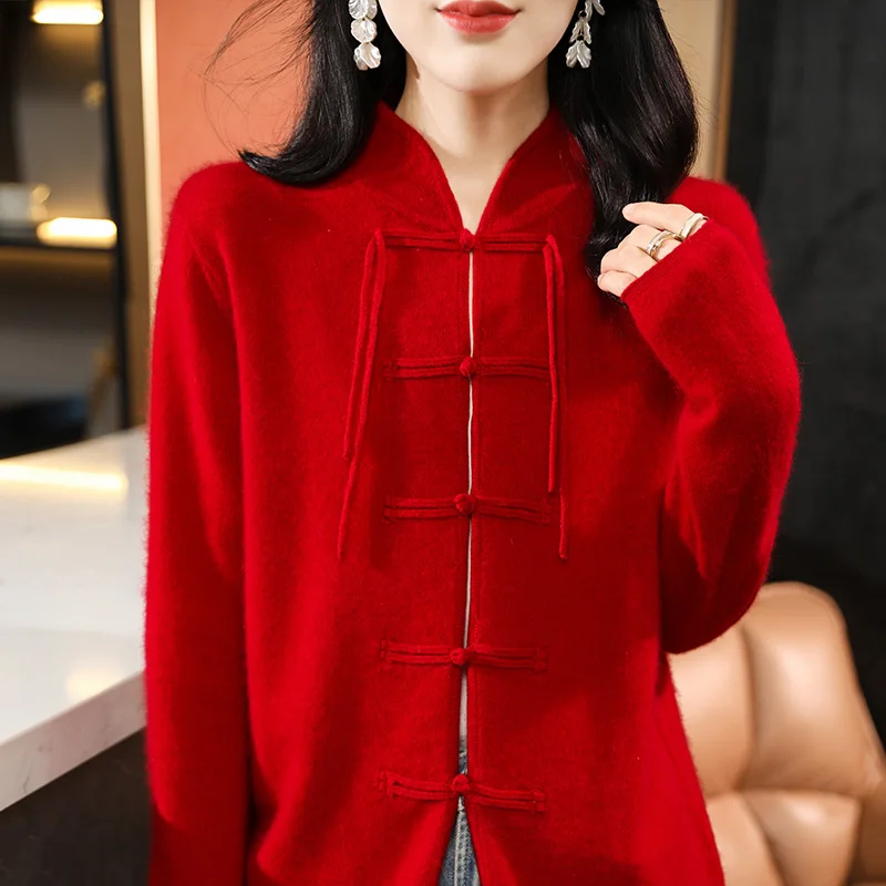 Women\'s Sweater Spring Autumn New 100% Wool Clothing Top Standing Collar Knitted Cardigan Fashion Chinese Style Coat Long Sleeve