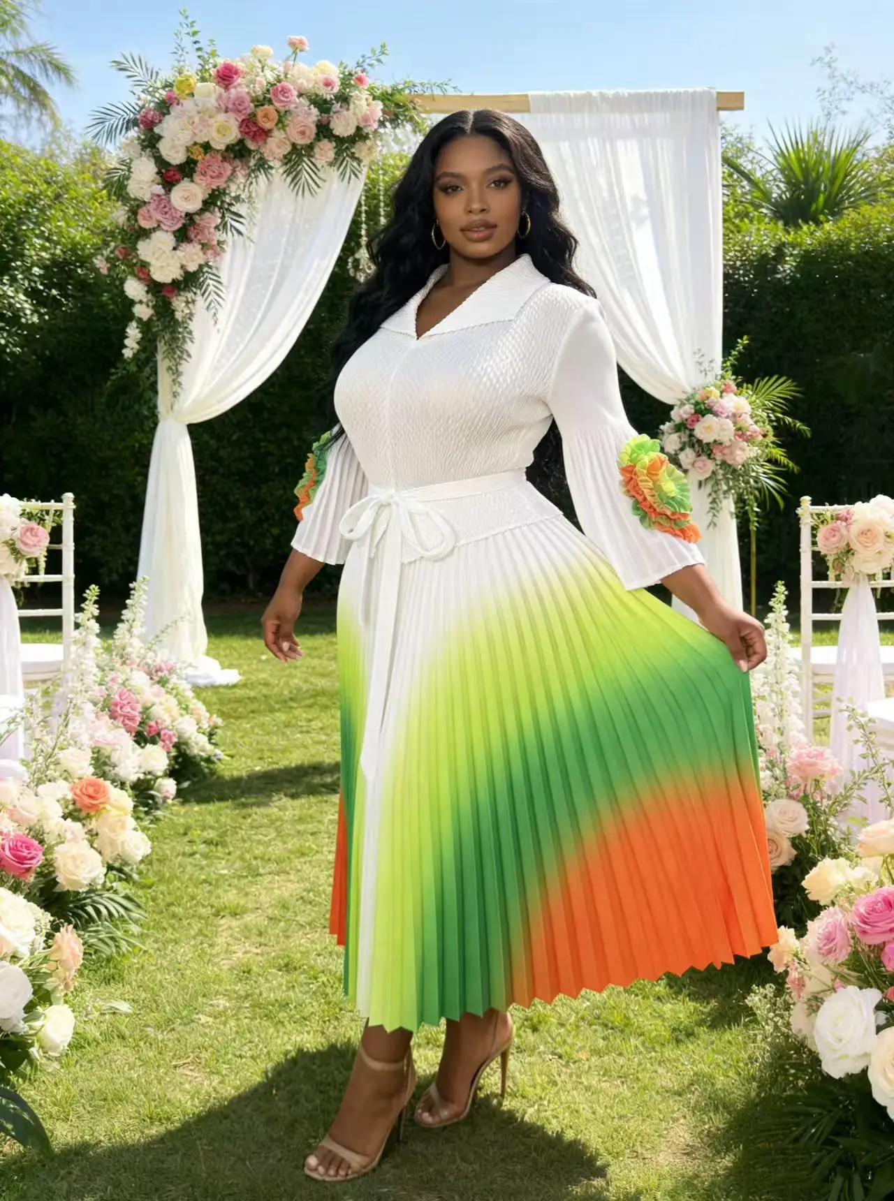 Autumn New Style Gradient Pleated Dress, Slim-Fit Pleated Mid-Length Dress with Turn-Down Collar, Multi-Color Skirt Set