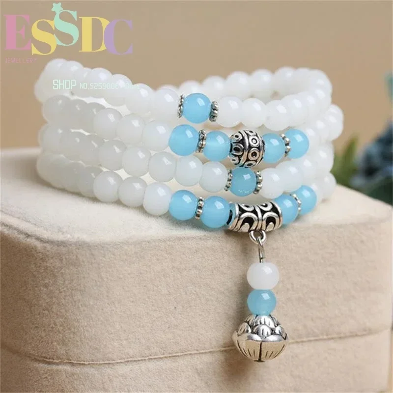 Fresh New Design Natural Chalcedony 108 Mala  Bracelet Multi Circles Blue and White Stone Beads Fashion Women Decorations