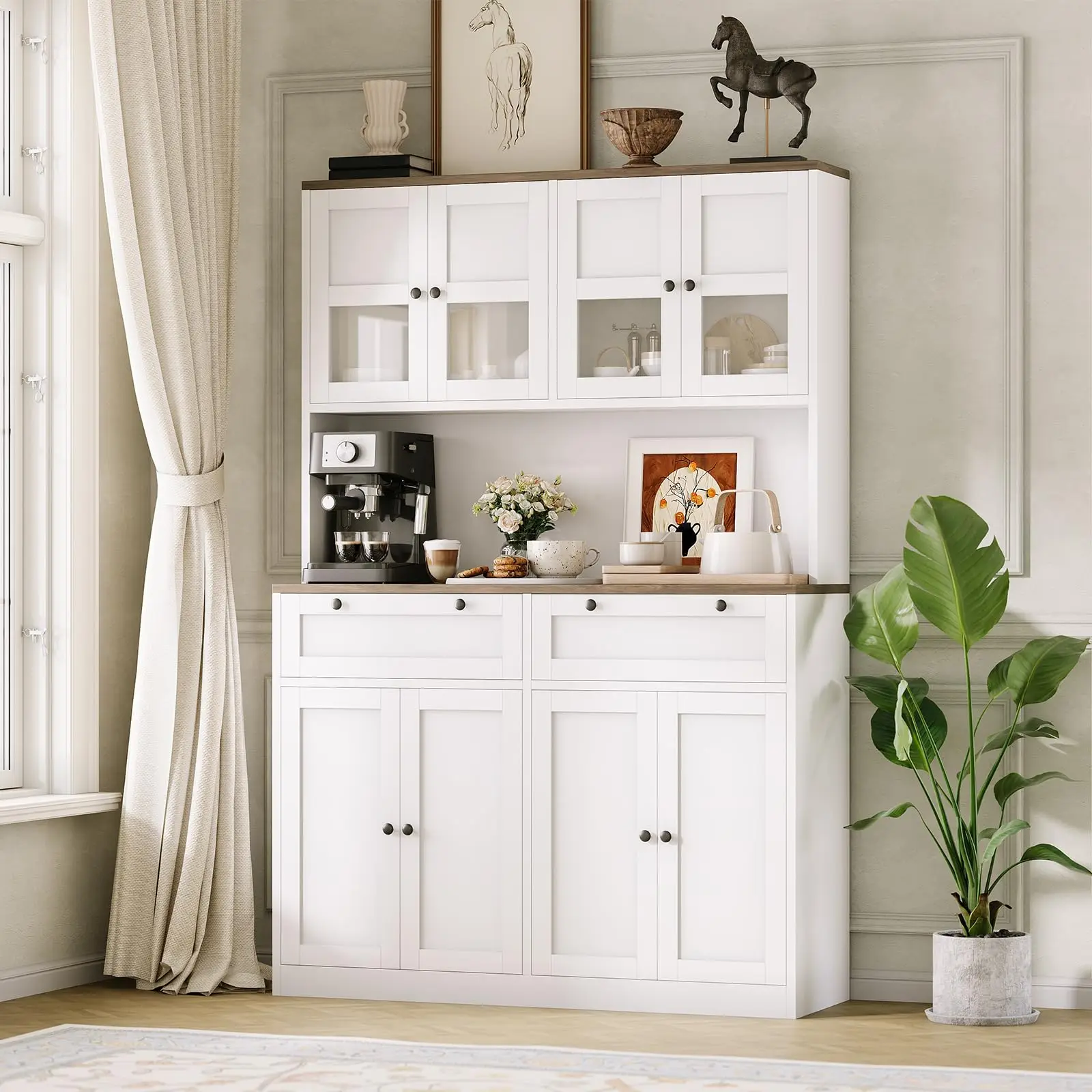 Tall Kitchen Pantry Cabinet With Charging Station, Microwave Stand, Drawers & Adjustable Shelves Farmhouse Storage Hutch For Dining Room