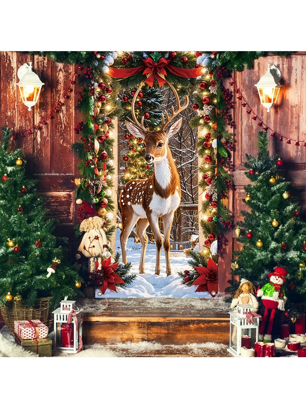 Merry Christmas Porch Banner-Winter snow with Sika deer pattern, indoor and outdoor holiday decorations, suitable for front door