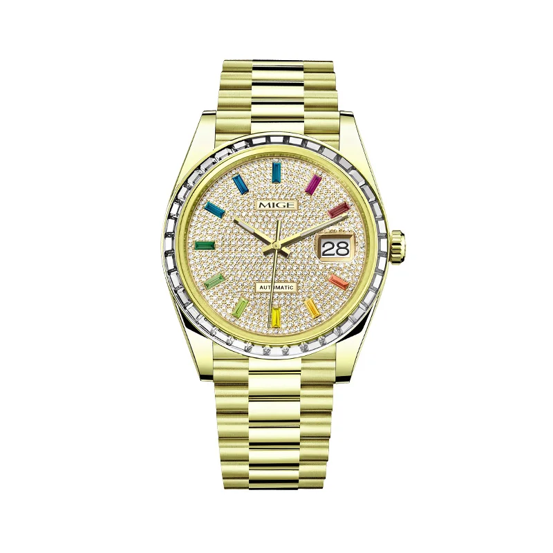 

MIGE brand STAINLESS STEEL gold case BUSINESS LUXURY MEN MECHANICAL WATERPROOF WATCH Full diamond dial automatic watches