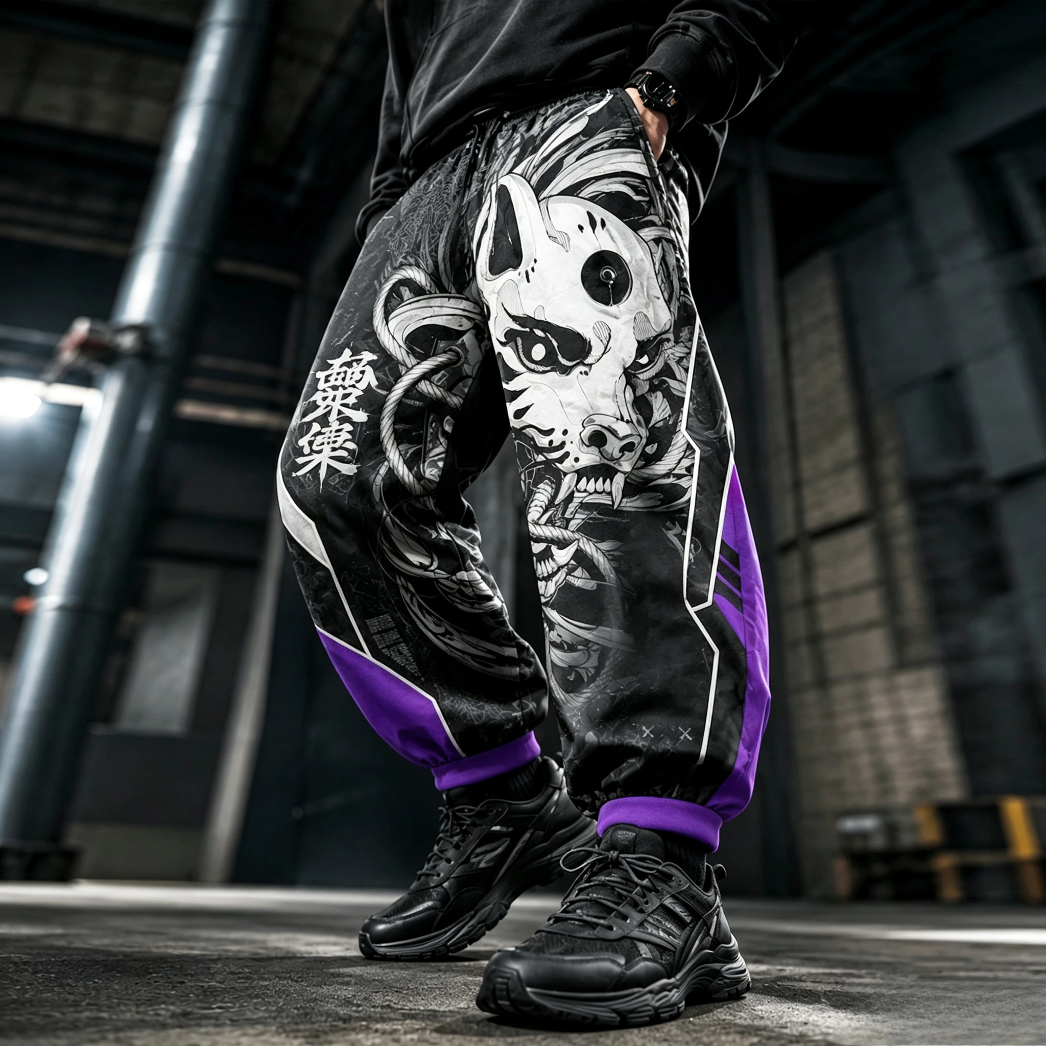 Japanese-Style Fox Mask Print Joggers — Ukiyo-e Style Purple Streetwear-Inspired Loose Drawstring Athletic Pants