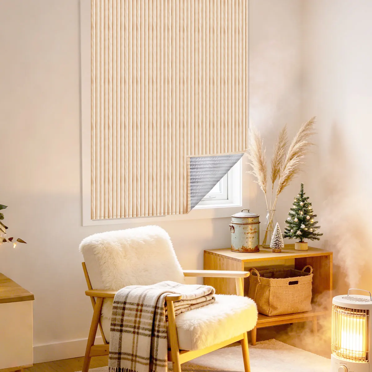 Vertical Striped Flannel Thermal Cold-Proof Curtains, Magic Tape No Drill Semi Privacy Shades for Bedroom Kitchen Small Indoor W