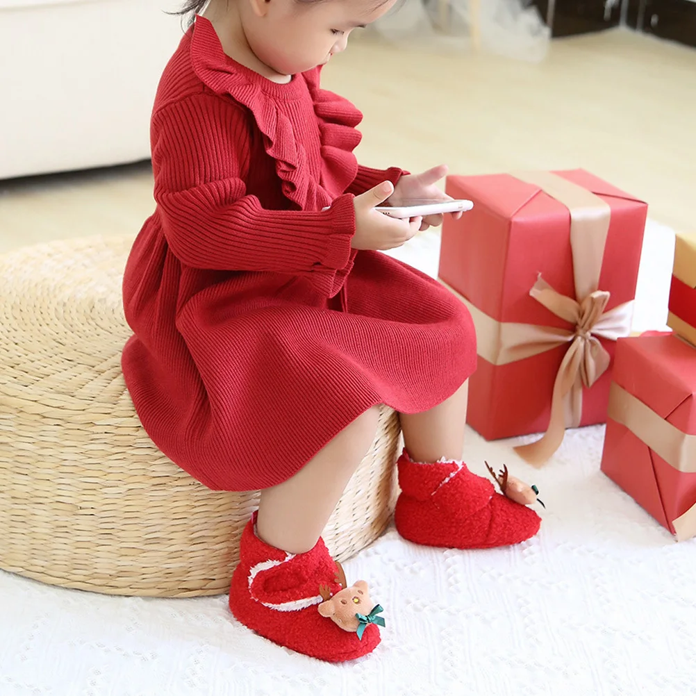 1 زوج أحمر عيد الميلاد حذاء طفل لينة مريحة حجم 22 القطن الدافئة نونسليب لينة وحيد شيك الرضع الأحذية نونسليب حذاء طفل