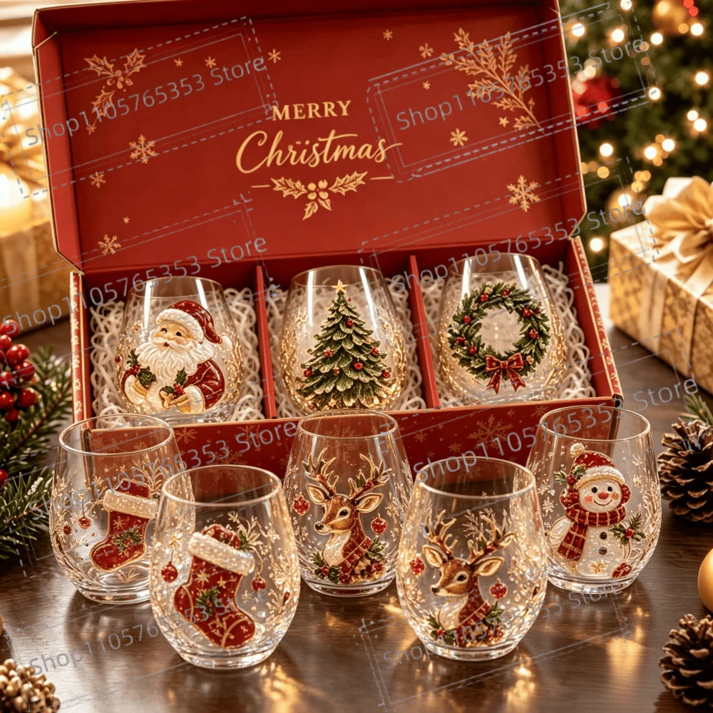 Weihnachts-Kunstglasbecher Feiertags-Trinkgeschirr Weihnachtsmann Schneemann Rentier Kranz Baum Strumpf 3D-Glasbecher als Weihnachtsgeschenk für Freunde