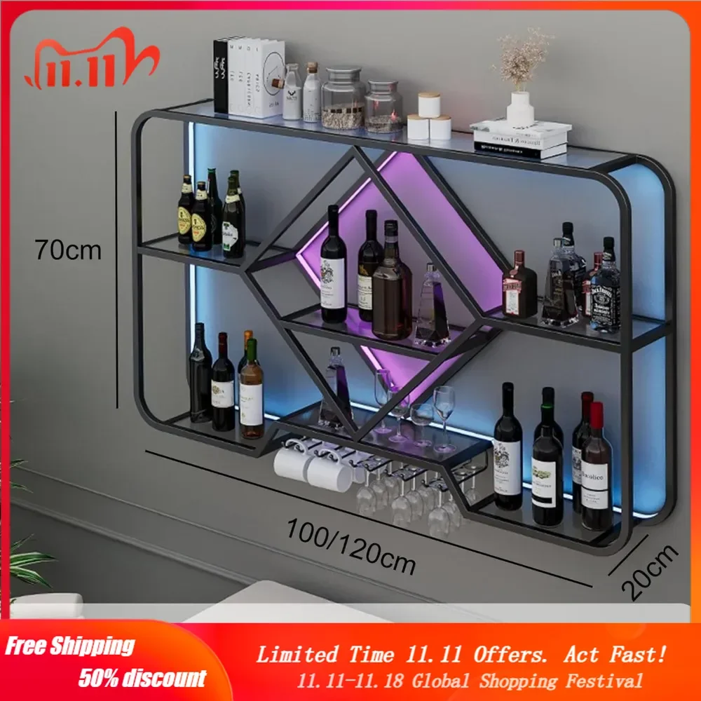 Wine Rack Bar Shelves Wall Mounted with Hanging Wine Glass Rack Holder Mini Bar Liquor Cabinet Bar Bottle Display Shelf Floating