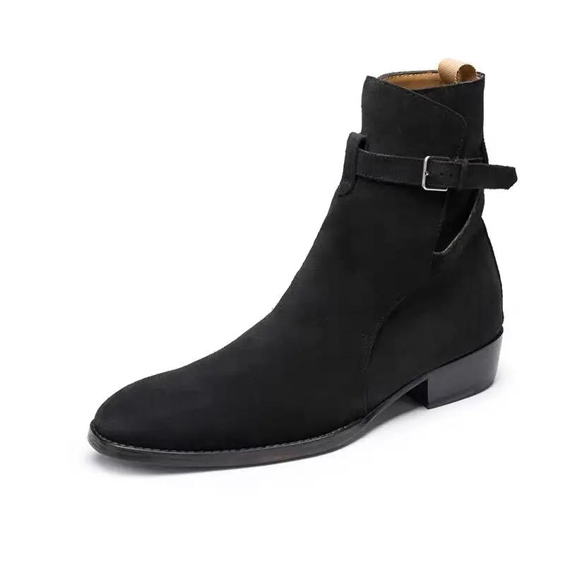 Black Brown Genuine Cow Suede Cross Belt Buckle Ankle Boots Man Square Heel Barber Boots Outdoor Shoes Male Vintage Boots view 5