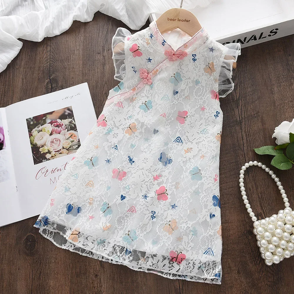 Sweet and Lovely Lace Sleeveless Butterfly Print Princess Sleeveless Dress in Summer Chinese Cheongsam for Girls Aged 2-7