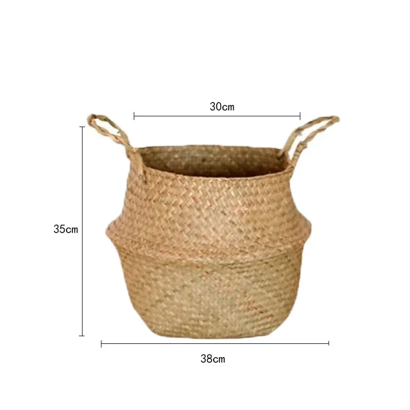 Folding Storage Basket, Wicker Rattan Straw Seagrass Basket, Home Hanging Basket for Laundry, Flower Pot, Flower Vase