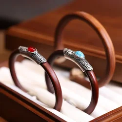 Natural Chicken Blood Vine Adjustable Bangles Vintage Couple Set Cat's Eye Stone Opening Knotless Wooden  Party Jewelry