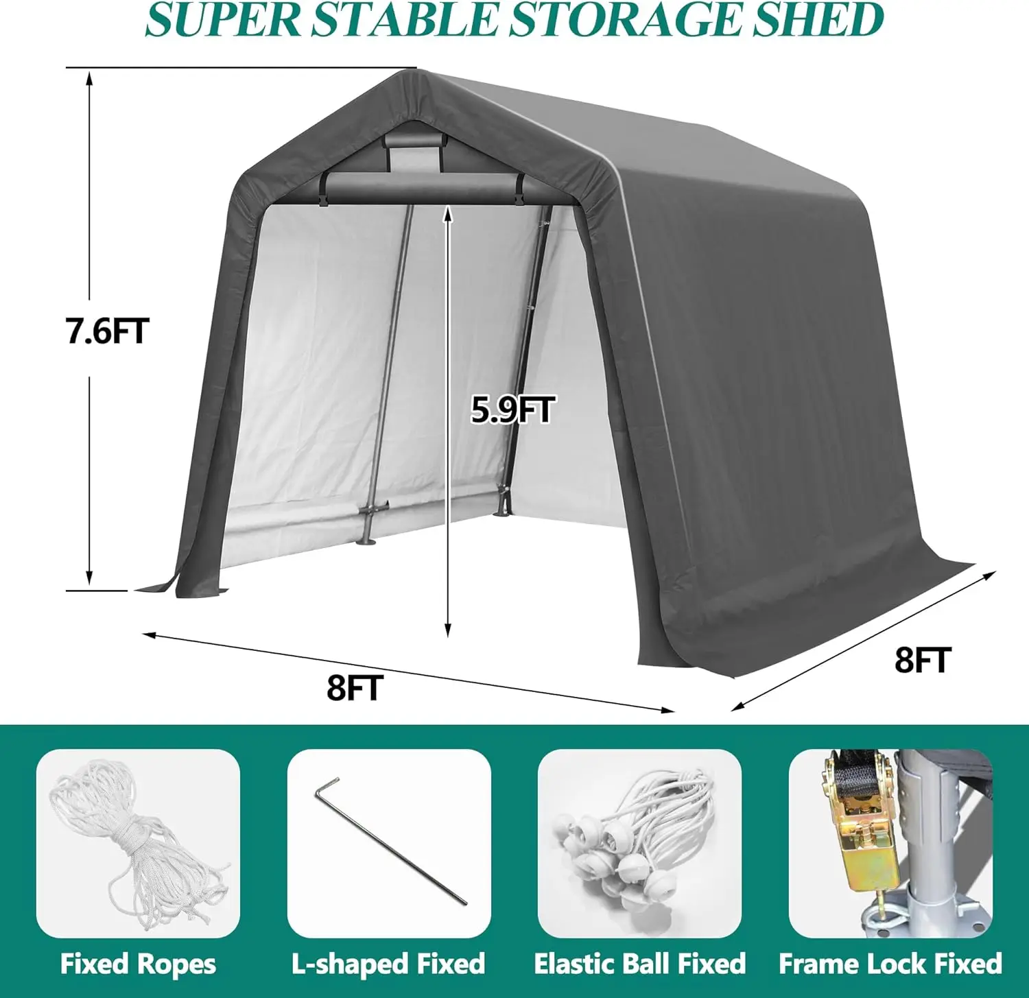 8' x 8' Outdoor Storage Shelter Shed- Heavy Duty Storage Tent with Roll-up Ventilated Windows,Motorcycle Shelter, Gray