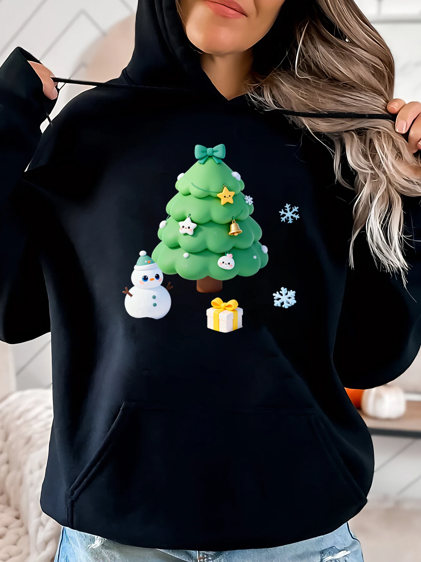 

Рождественская елка, снеговик, подарочный принт, рождественская толстовка с капюшоном, женская повседневная зимняя одежда, черный, больших размеров