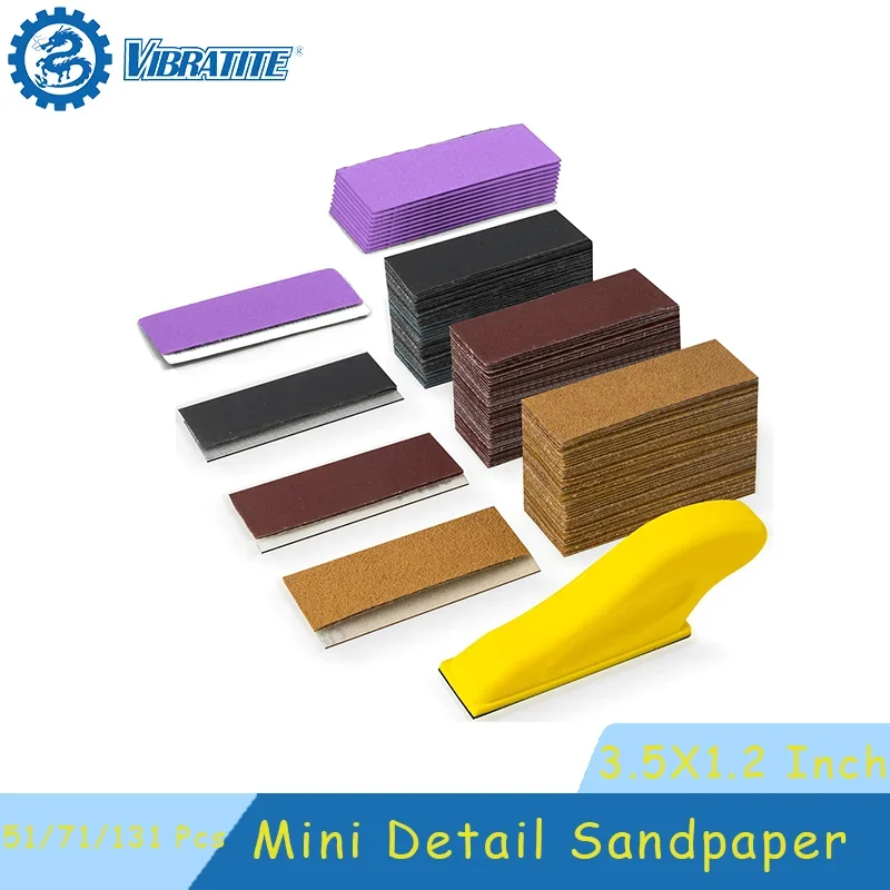 3.5”x 1.2” Mini Sandpaper Kit 51/71/131 Pcs with Hook and Loop Sanding Block Assorted 40-2000 Grits for Polishing Car Body