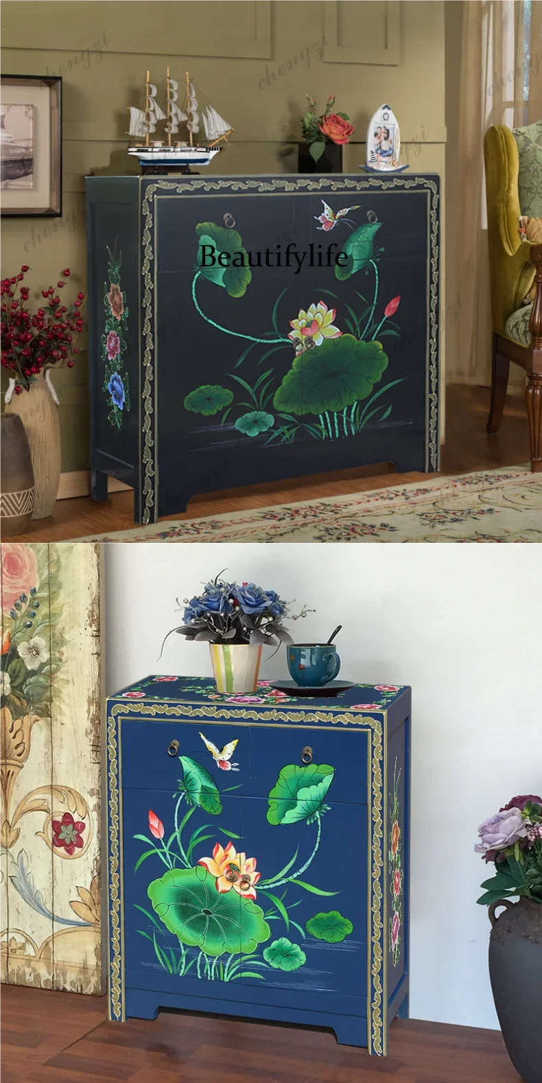 N138New Chinese solid wood, modern minimalist creative painting, bedroom bedside storage cabinet