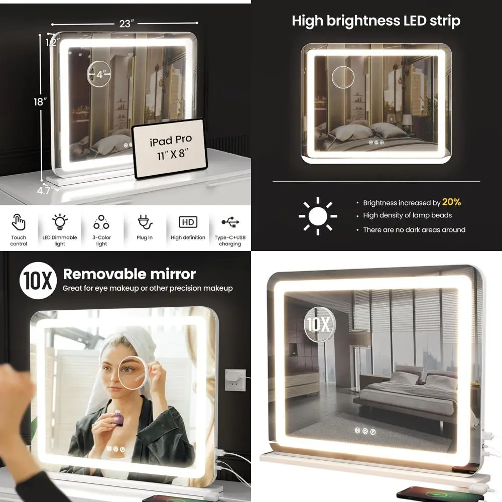 Miroir de courtoisie éclairé par LED 23x18 avec loupe 10X, 3 modes de couleur et port USB