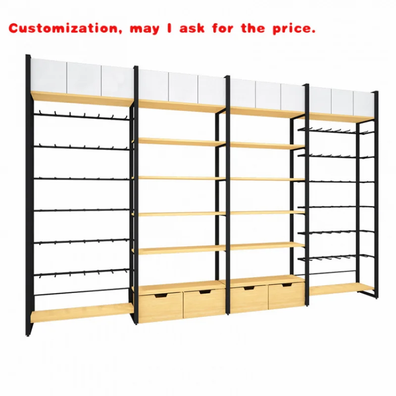 

custom.Custom Size Single-sided Shops Wooden and Metal Shelves Wood Retail Store Shelf Supermarket Display Stand Shelves Hook Ra