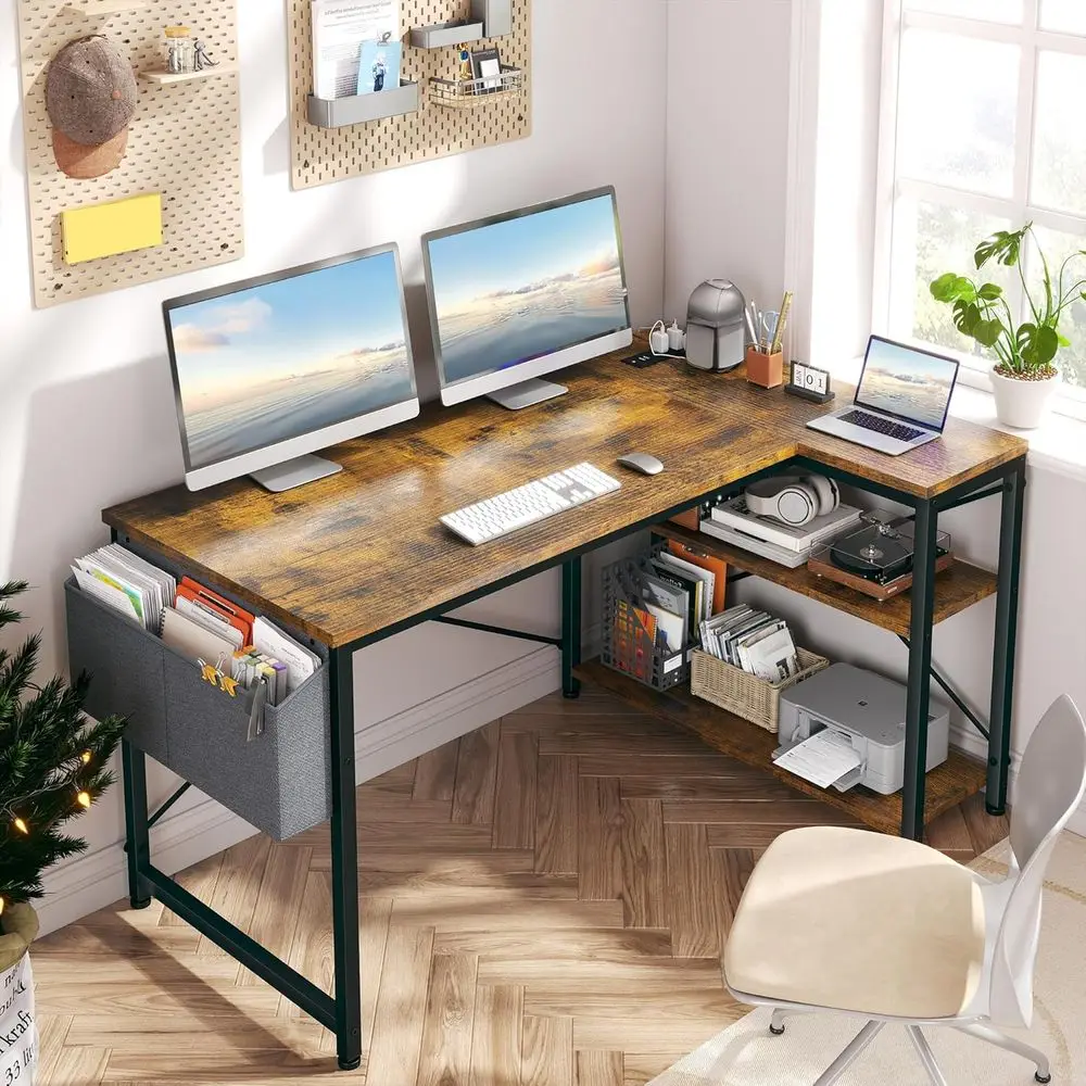 Brown Corner L-Shaped Computer Desk with Power Outlets and Reversible Storage